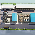 Industrial Factory Plant Featuring Multiple Buildings Blue Roofs Trucks And Surrounding Greenery