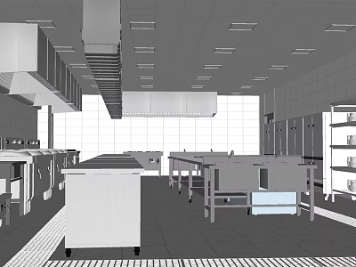Professional Restaurant Kitchen Interior With Worktables Cabinets Shelves And Ventilation 3d model