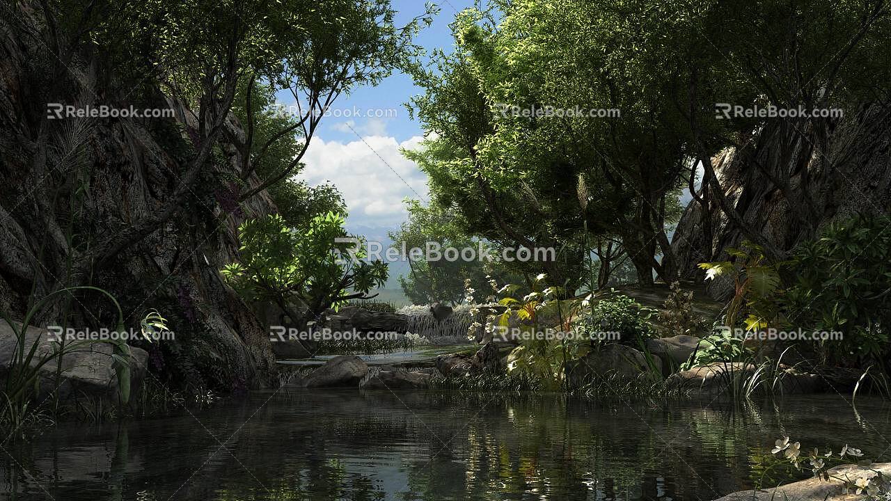 Ecological creek garden landscape creek flowing water pastoral scenery lakeside scenery people see beautiful scenery wetland park eco-tourism lake and mountain scenery 3d model