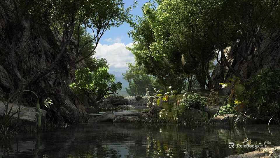 Tranquil Park Landscape with Stream Rocks Trees and Reflections in Blue Sky White Clouds 3d model 