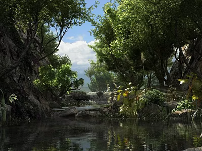 Tranquil Park Landscape with Stream Rocks Trees and Reflections in Blue Sky White Clouds 3d model