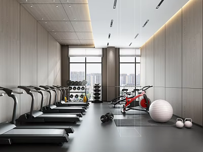 Modern Fitness Gym Interior With Treadmills Dumbbells Exercise Bikes And City View 3d model