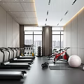 Modern Fitness Gym Interior With Treadmills Dumbbells Exercise Bikes And City View