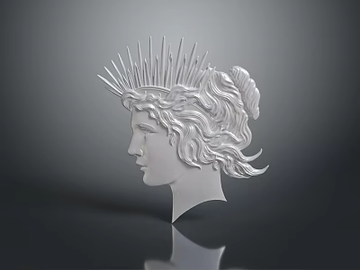 Woman Head Sculpture With Curly Hair Spiked Headdress Silver Material And Reflective Surface 3d model