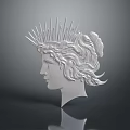 Woman Head Sculpture With Curly Hair Spiked Headdress Silver Material And Reflective Surface