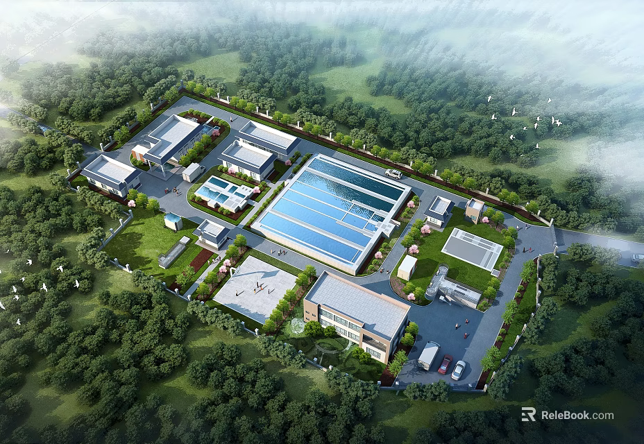 Industrial Factory Complex Featuring Multiple Buildings Green Landscaping And Parking Facilities 3d model 