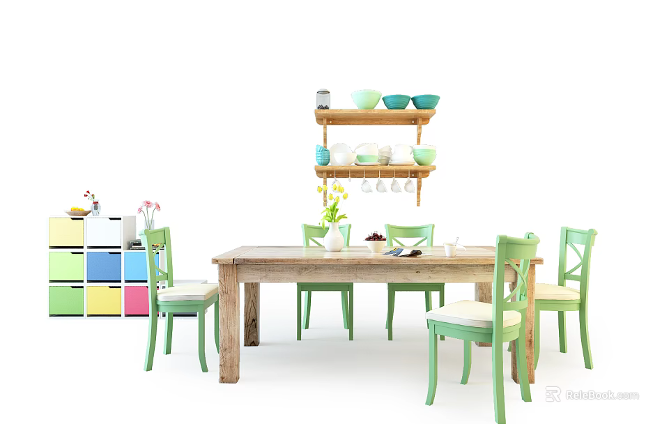 Wooden Dining Table Set With Green Chairs Shelves Bowls Cups And Colorful Storage Cabinets 3d model 