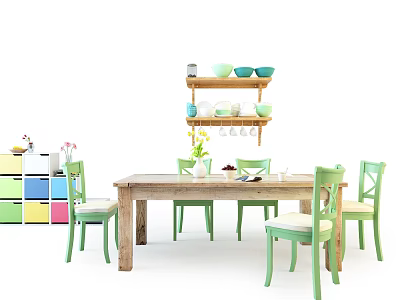 Wooden Dining Table Set With Green Chairs Shelves Bowls Cups And Colorful Storage Cabinets 3d model
