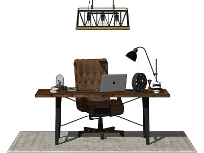 Modern Desk Setup with Brown Chair Laptop Black Lamp Clock Books Chandelier and Area Rug 3d model