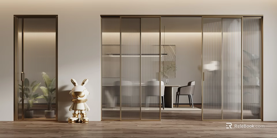 Modern Sliding Doors With Gold Frame Glass Panels In Interior Dining Space And Decorative Elements 3d model 