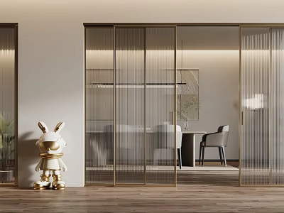 Modern Sliding Doors With Gold Frame Glass Panels In Interior Dining Space And Decorative Elements 3d model