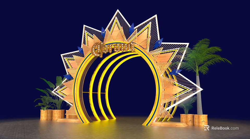 Vibrant Sun Shaped Carnival Archway With Golden Decorations And Palm Trees 3d model 