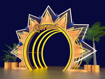 Vibrant Sun Shaped Carnival Archway With Golden Decorations And Palm Trees 3d model