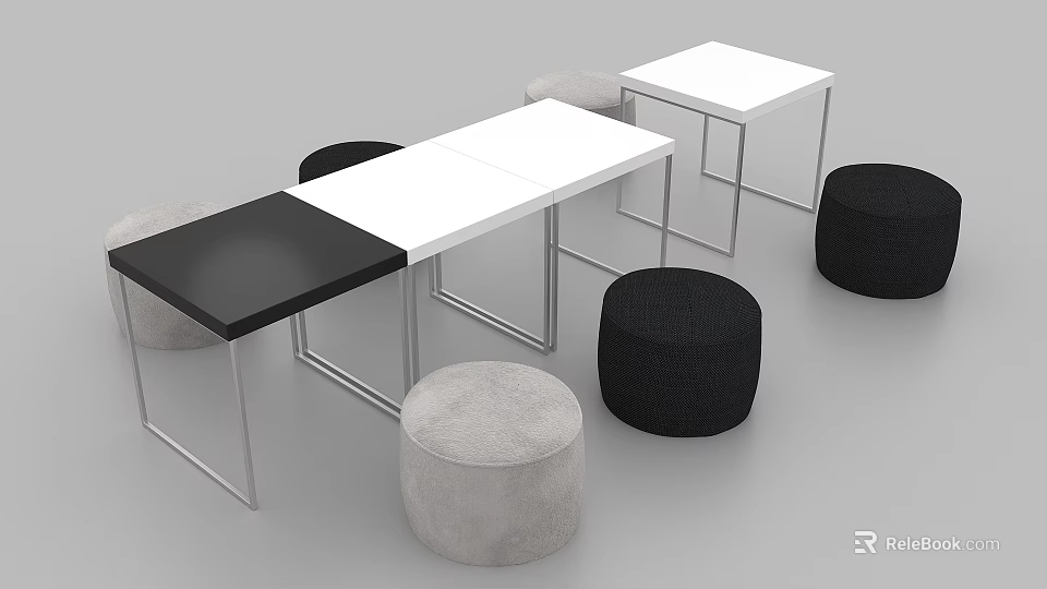 Modern Rectangular Tables And Round Stools With Black White Tops And Gray Black Upholstered Seats 3d model 