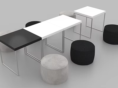 Modern Rectangular Tables And Round Stools With Black White Tops And Gray Black Upholstered Seats 3d model