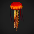 Vibrant Red and Orange Jellyfish with Long Swirling Tentacles in Marine Habitat