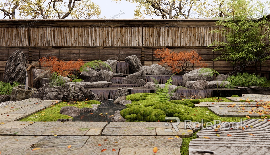 Japanese-style rockery waterscape overlapping water courtyard garden slate road tingbu moss micro-terrain dry landscape stone model