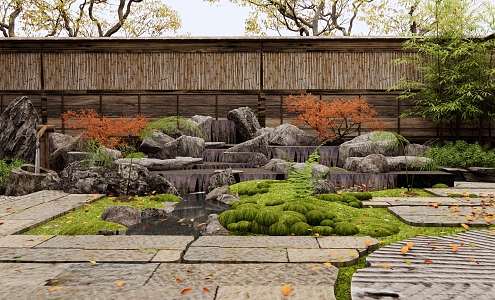 Japanese-style rockery waterscape overlapping water courtyard garden slate road tingbu moss micro-terrain dry landscape stone 3d model