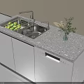Modern Kitchen Sink with Faucet Fresh Fruits Vase and White Cabinets on Gray Countertop
