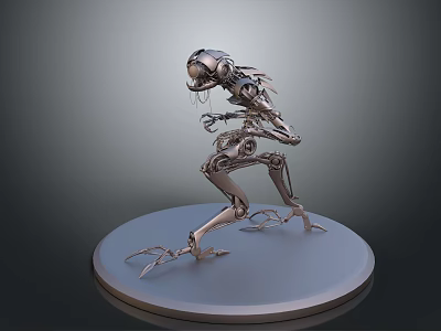 Metallic Mechanical Creature Figure With Skeletal Elongated Limbs On Round Platform 3d model
