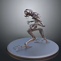 Metallic Mechanical Creature Figure With Skeletal Elongated Limbs On Round Platform
