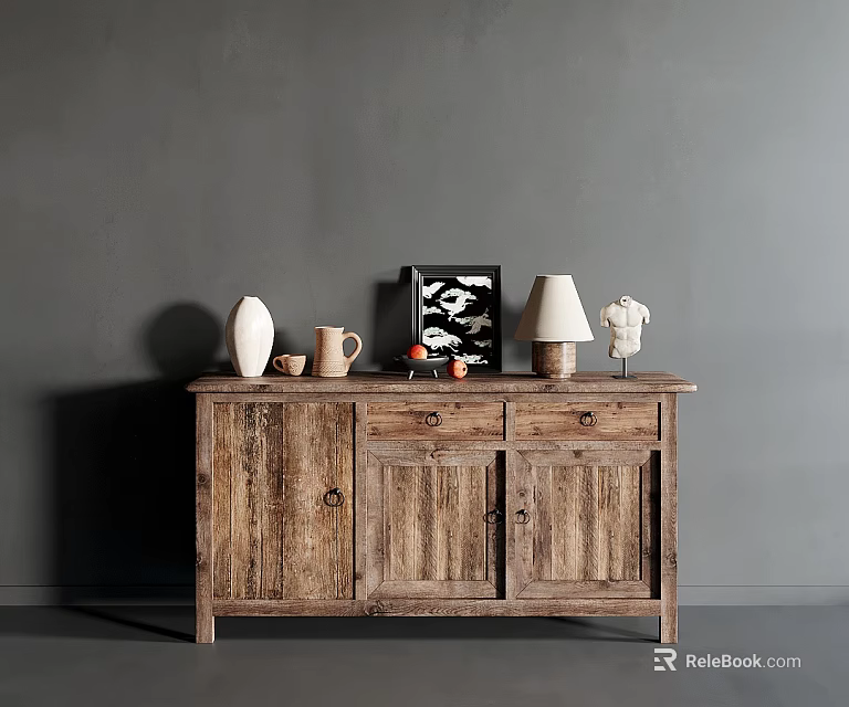 Rustic Wooden Sideboard Featuring White Vase Picture Frame Table Lamp And Sculpture Against Gray Wall 3d model 
