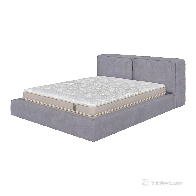 Modern Double Bed With Gray Upholstered Frame And Light Patterned Mattress 3d model 