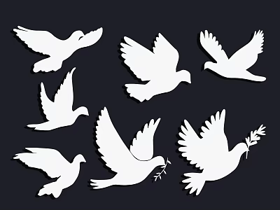 Six White Dove Silhouettes With Olive Branch On Black Background 3d model