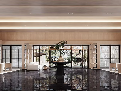 Spacious Lounge Area With Wooden Ceiling Floor to Ceiling Windows and Comfortable Sofa Seating 3d model