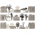 Decorative Ornament Set With Stacked Books Plants Flamingo Figurines Shells And Sculptures