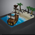 Pirate Ship Play Scene With Blue Water Sand Beach Palm Trees And Figures