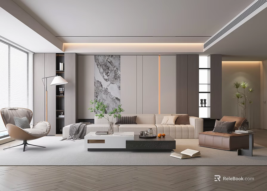 Modern Minimalist Living Room Interior With Beige Sofa Wall Art And Green Plant 3d model 