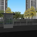 Modern Entrance Gate With Security Booth Trees And High Rise Building