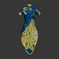 Blue Traditional Cheongsam with Peacock Feather Pattern and Floral Embroidery Details