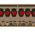 Black Ceramic Spice Jars With Red Labels And Glass Containers On Kitchen Wooden Shelf