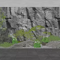 Indoor Landscape Featuring Natural Rock Wall Lush Green Plants And Decorative Stones