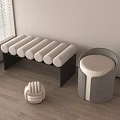 Modern Interior With Cylindrical Cushion Bench Black Frame Round Woven Stool And Spherical Decor 3d model