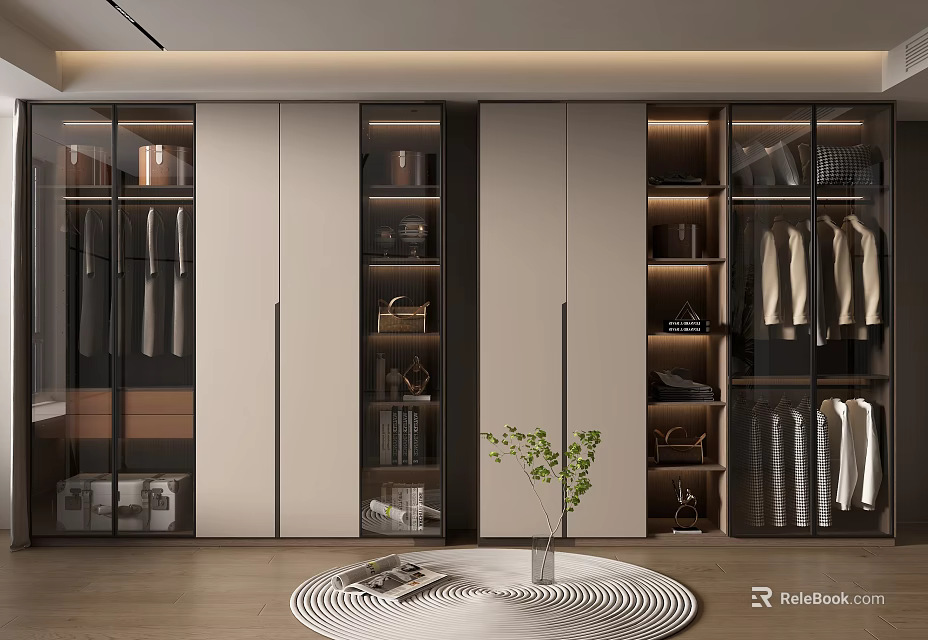 Modern Walk In Closet Interior With Glass Door Cabinets Clothing Storage Bags Shoes Green Plant 3d model 