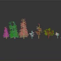 Different Types of Green Trees with Various Heights on Dark Reflective Surface Against Gray Background