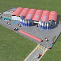 Industrial Factory Plant With Red Roofs Multiple Silos Vehicles On Roadway And Green Grass