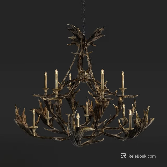 Unique Shaped Chandelier with Branched Design Metallic Finish and Candle Style Bulbs 3d model 