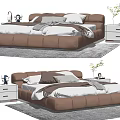 Modern Brown Double Bed With White Nightstands Green Plants Soft Rug and Cozy Bedding