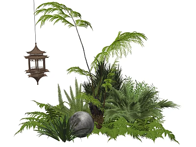 Lush Green Plant Combination With Various Foliage Stone And Hanging Lantern 3d model