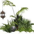 Lush Green Plant Combination With Various Foliage Stone And Hanging Lantern