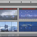 Multi Screen Monitoring Display With World Map Cityscape And Network Visualization 3d model