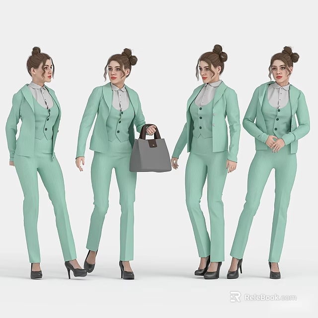Woman in Light Green Suit Set With Handbag And Different Poses In High Heels 3d model 