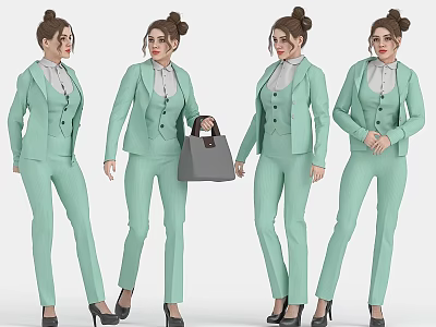 Woman in Light Green Suit Set With Handbag And Different Poses In High Heels 3d model