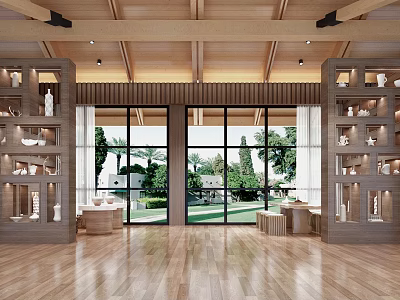 Serene Tea Room With Wooden Structure Large Windows Greenery View And Display Shelves 3d model