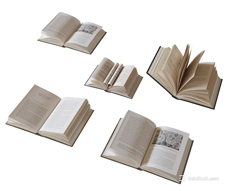 Open Books With Various Spread Pages And Text Content On White Background 3d model 