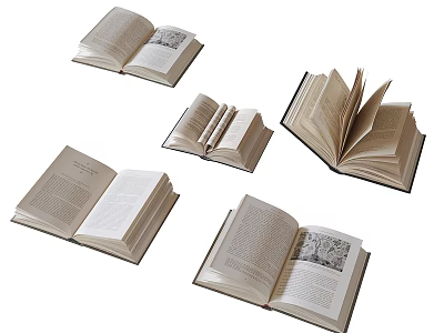 Open Books With Various Spread Pages And Text Content On White Background 3d model